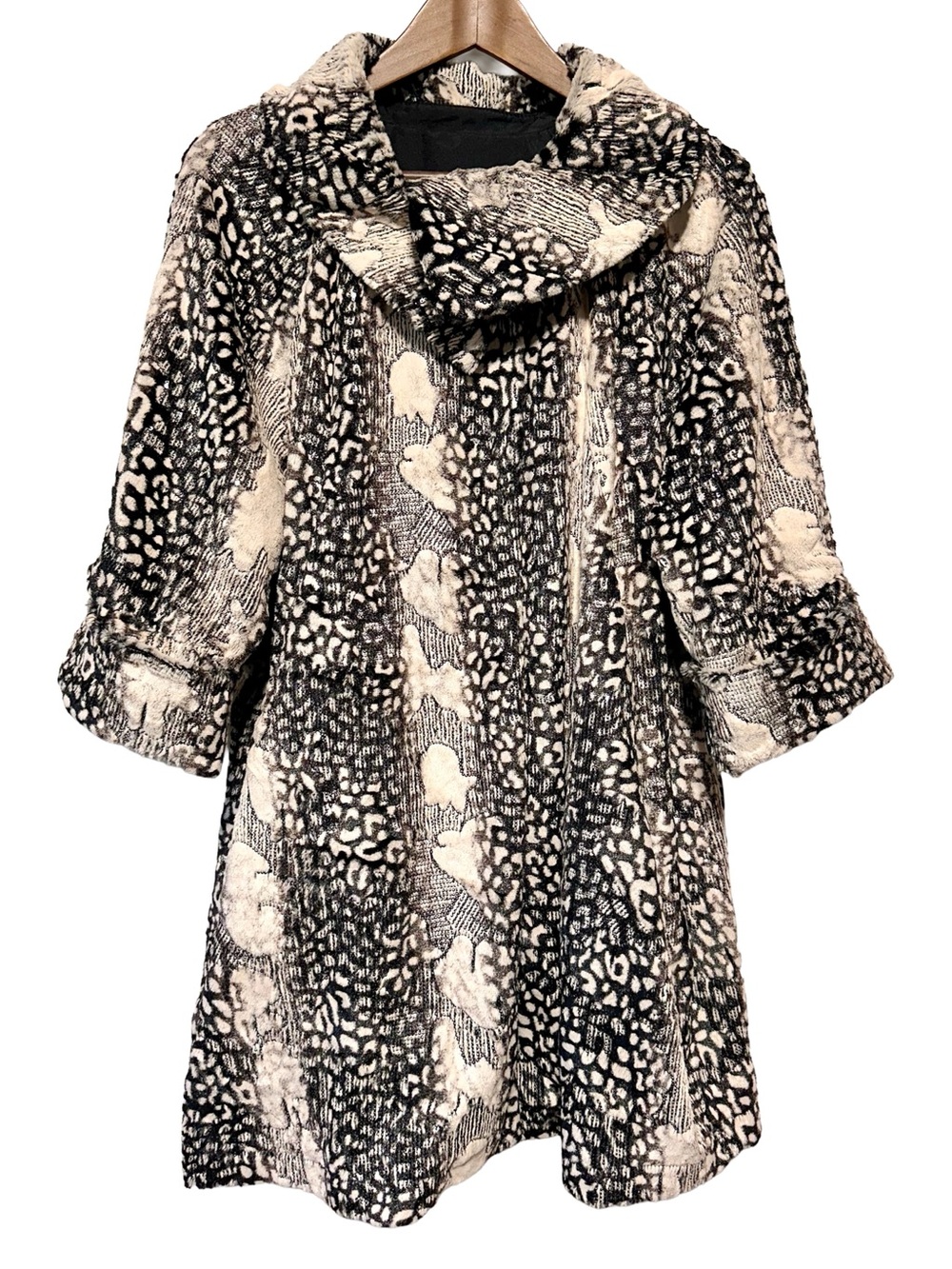 Joseph Ribkoff Textured Fuzzy Swing Coat Jacket Black Ivory Cowl Collar Artsy 12